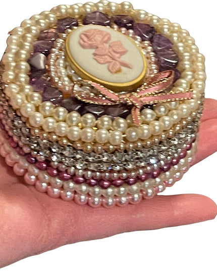 Vintage Heavy Bejeweled trinket box Artisan Pearls crystals vanity  amethyst