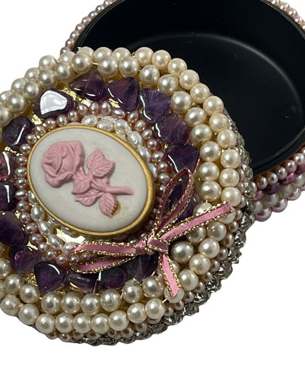 Vintage Heavy Bejeweled trinket box Artisan Pearls crystals vanity  amethyst