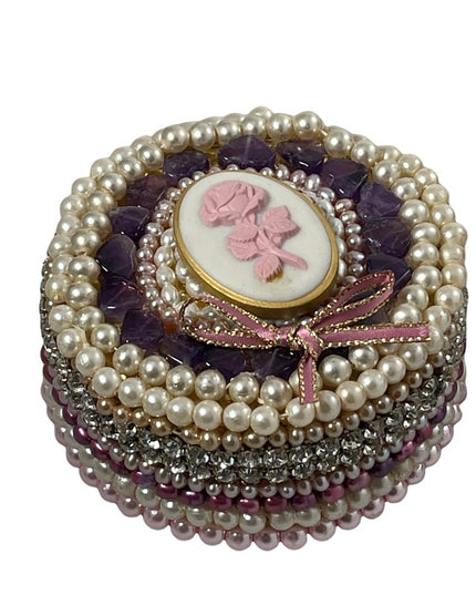 Vintage Heavy Bejeweled trinket box Artisan Pearls crystals vanity  amethyst