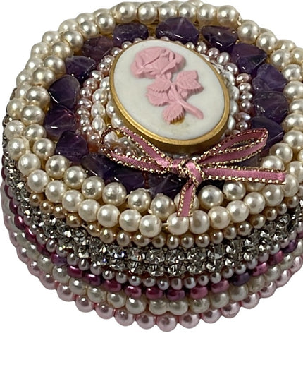 Vintage Heavy Bejeweled trinket box Artisan Pearls crystals vanity  amethyst