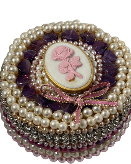 Vintage Heavy Bejeweled trinket box Artisan Pearls crystals vanity  amethyst