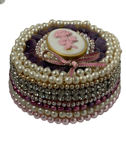 Vintage Heavy Bejeweled trinket box Artisan Pearls crystals vanity  amethyst
