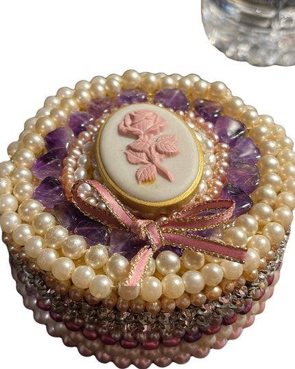 Vintage Heavy Bejeweled trinket box Artisan Pearls crystals vanity  amethyst