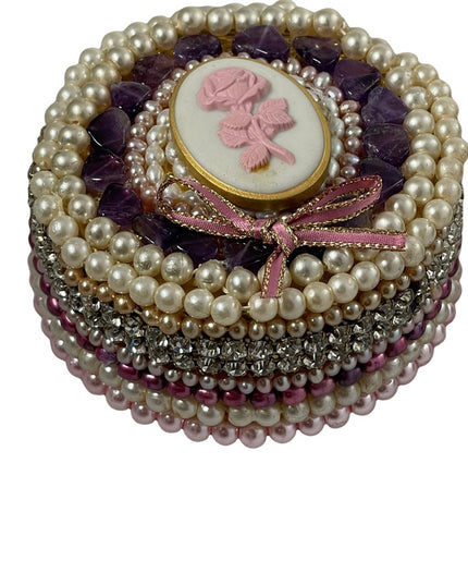 Vintage Heavy Bejeweled trinket box Artisan Pearls crystals vanity  amethyst