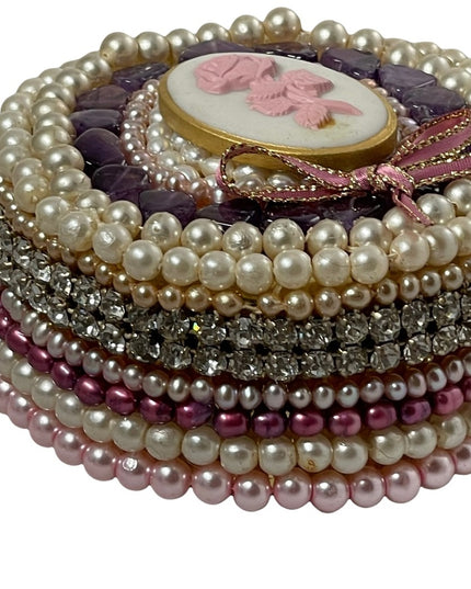 Vintage Heavy Bejeweled trinket box Artisan Pearls crystals vanity  amethyst