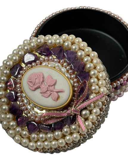 Vintage Heavy Bejeweled trinket box Artisan Pearls crystals vanity  amethyst