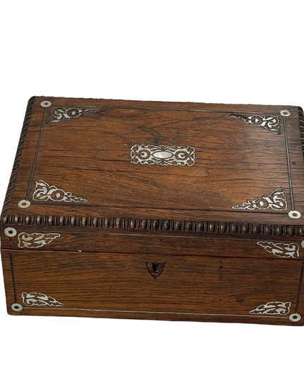 Antique Solid wood Pearl inlay carved wood box jewelry