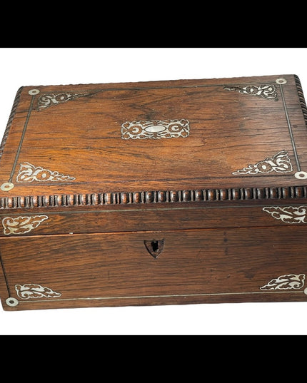 Antique Solid wood Pearl inlay carved wood box jewelry