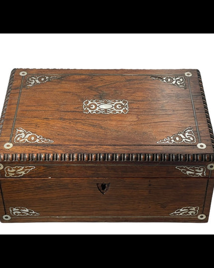 Antique Solid wood Pearl inlay carved wood box jewelry