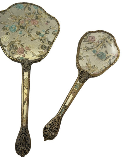 Vintage gold gilt Ormolu Vanity set Mirror & brush flower design