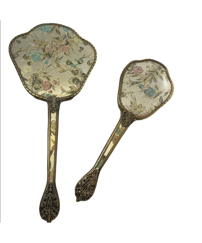 Vintage gold gilt Ormolu Vanity set Mirror & brush flower design
