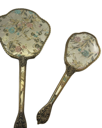 Vintage gold gilt Ormolu Vanity set Mirror & brush flower design