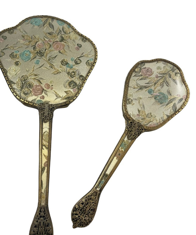 Vintage gold gilt Ormolu Vanity set Mirror & brush flower design