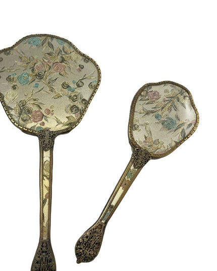 Vintage gold gilt Ormolu Vanity set Mirror & brush flower design
