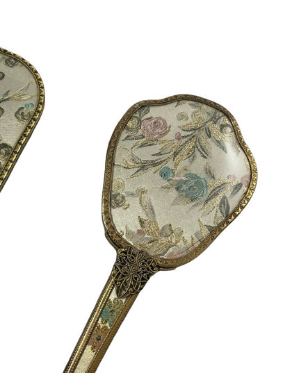 Vintage gold gilt Ormolu Vanity set Mirror & brush flower design