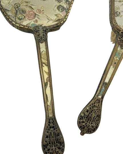 Vintage gold gilt Ormolu Vanity set Mirror & brush flower design