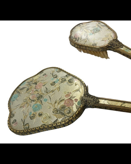 Vintage gold gilt Ormolu Vanity set Mirror & brush flower design