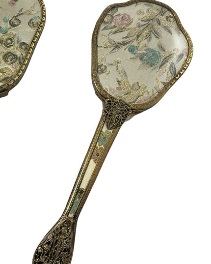 Vintage gold gilt Ormolu Vanity set Mirror & brush flower design