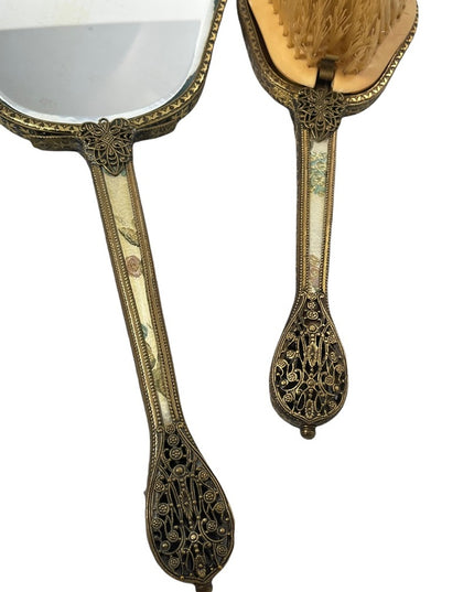 Vintage gold gilt Ormolu Vanity set Mirror & brush flower design