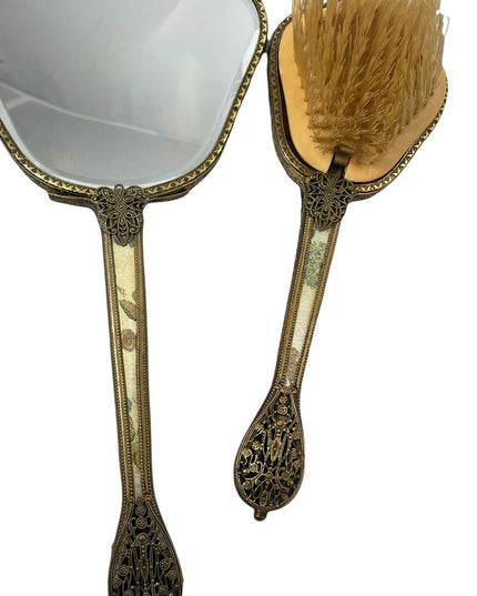 Vintage gold gilt Ormolu Vanity set Mirror & brush flower design