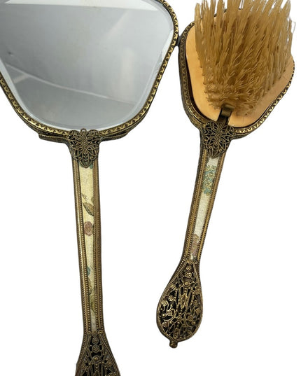 Vintage gold gilt Ormolu Vanity set Mirror & brush flower design