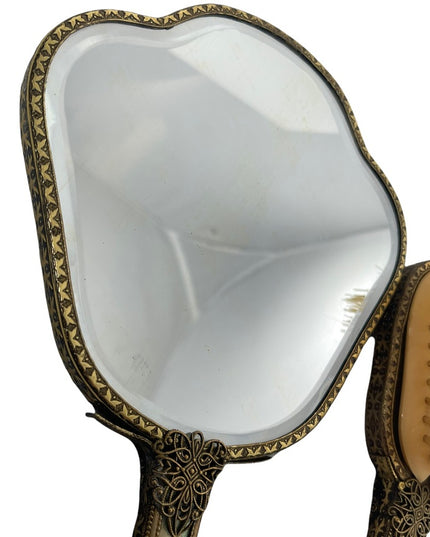 Vintage gold gilt Ormolu Vanity set Mirror & brush flower design
