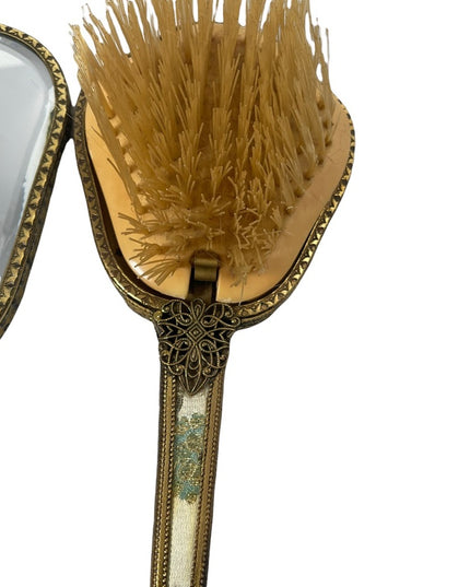 Vintage gold gilt Ormolu Vanity set Mirror & brush flower design