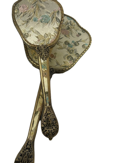 Vintage gold gilt Ormolu Vanity set Mirror & brush flower design
