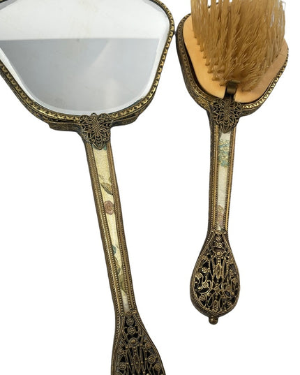 Vintage gold gilt Ormolu Vanity set Mirror & brush flower design