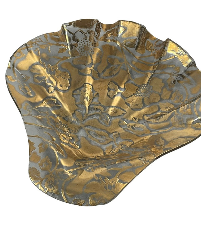 Vintage 24k Gold plated Flowers Glass 1950s serving plate