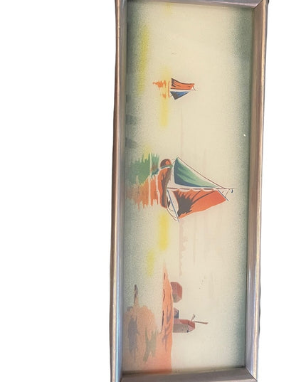 Vintage mid century Nautical sailboat water  windmil painted glass serving tray