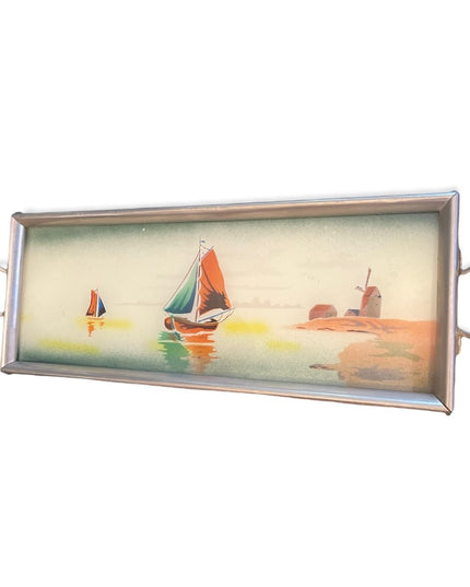 Vintage mid century Nautical sailboat water  windmil painted glass serving tray
