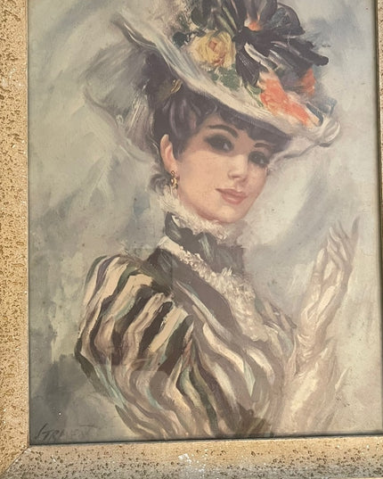 Vintage John Strevens, Victorian Woman in Floral Hat, Offset Lithograph Paper