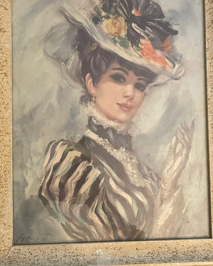 Vintage John Strevens, Victorian Woman in Floral Hat, Offset Lithograph Paper