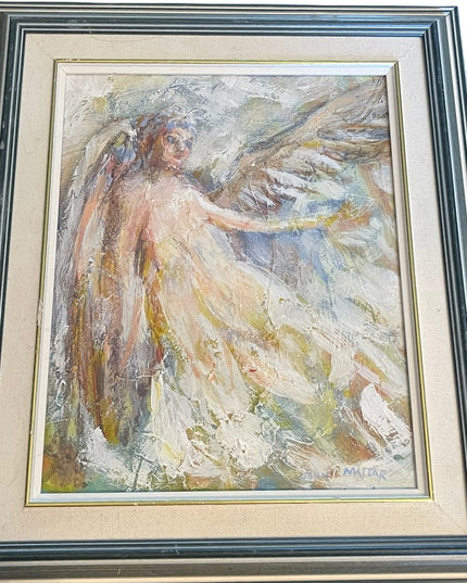 Vintage 1984 John Mattar signed oil painting on Masonite Angel wood framed