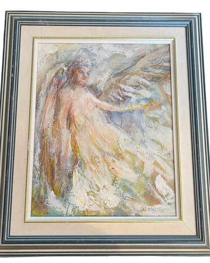 Vintage 1984 John Mattar signed oil painting on Masonite Angel wood framed