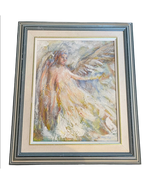Vintage 1984 John Mattar signed oil painting on Masonite Angel wood framed
