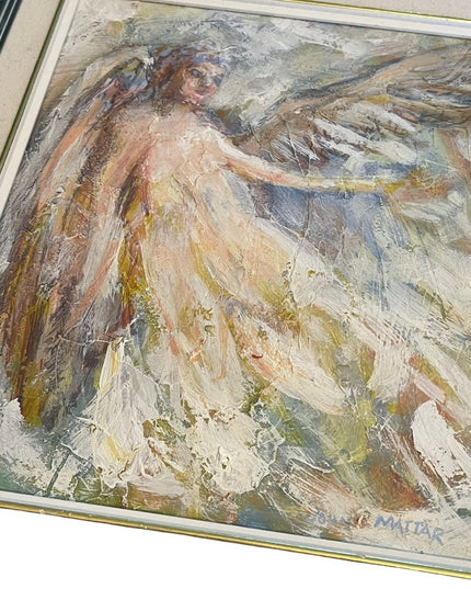 Vintage 1984 John Mattar signed oil painting on Masonite Angel wood framed
