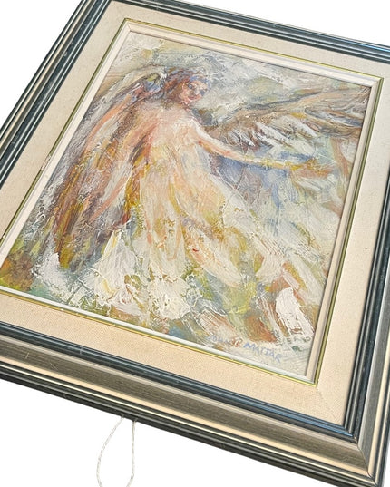 Vintage 1984 John Mattar signed oil painting on Masonite Angel wood framed