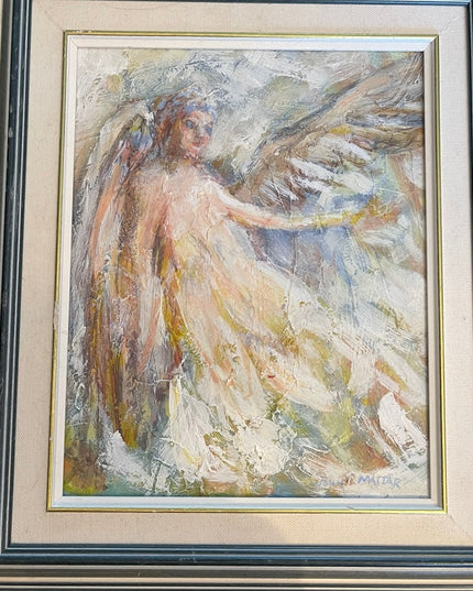 Vintage 1984 John Mattar signed oil painting on Masonite Angel wood framed