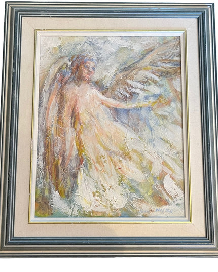Vintage 1984 John Mattar signed oil painting on Masonite Angel wood framed