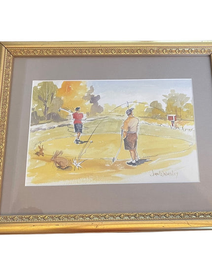 John Walmsley signed Framed watercolor painting on paper GOLFING