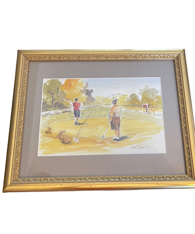 John Walmsley signed Framed watercolor painting on paper GOLFING