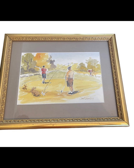 John Walmsley signed Framed watercolor painting on paper GOLFING