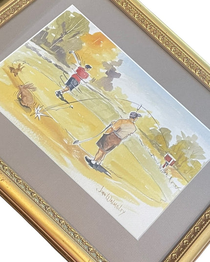 John Walmsley signed Framed watercolor painting on paper GOLFING