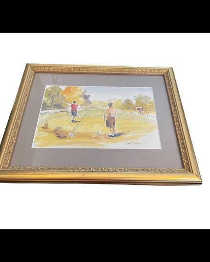 John Walmsley signed Framed watercolor painting on paper GOLFING