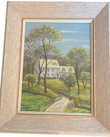Vintage 1980s House painting Oil on masonite signed wood ornate frame