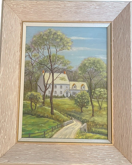 Vintage 1980s House painting Oil on masonite signed wood ornate frame