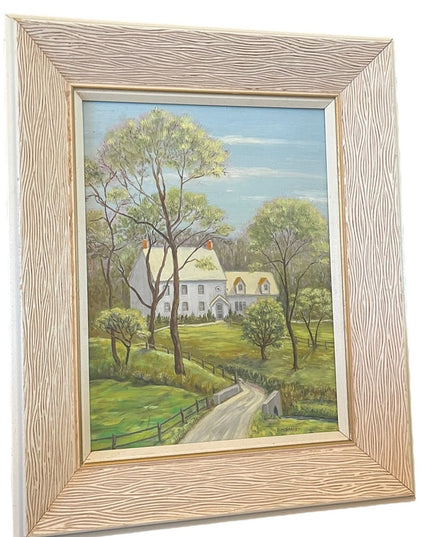 Vintage 1980s House painting Oil on masonite signed wood ornate frame