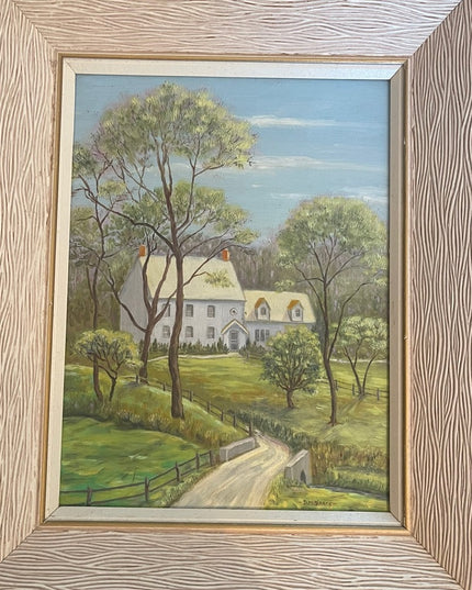Vintage 1980s House painting Oil on masonite signed wood ornate frame